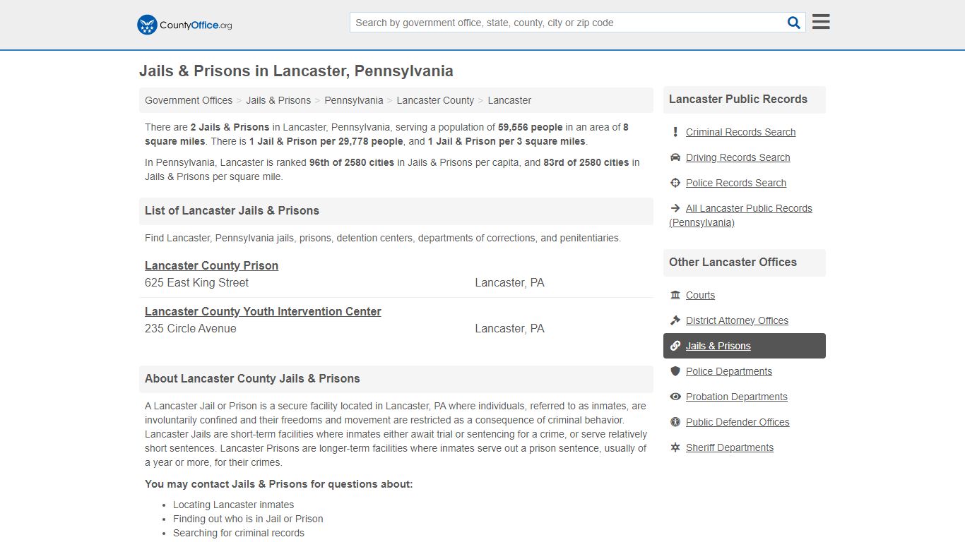 Jails & Prisons - Lancaster, PA (Inmate Rosters & Records) - County Office